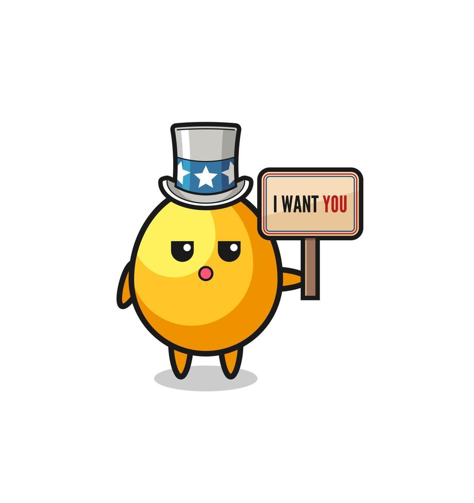 golden egg cartoon as uncle Sam holding the banner I want you vector