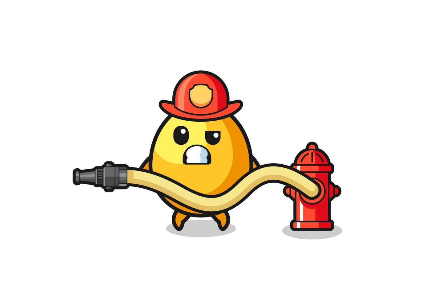 golden egg cartoon as firefighter mascot with water hose vector
