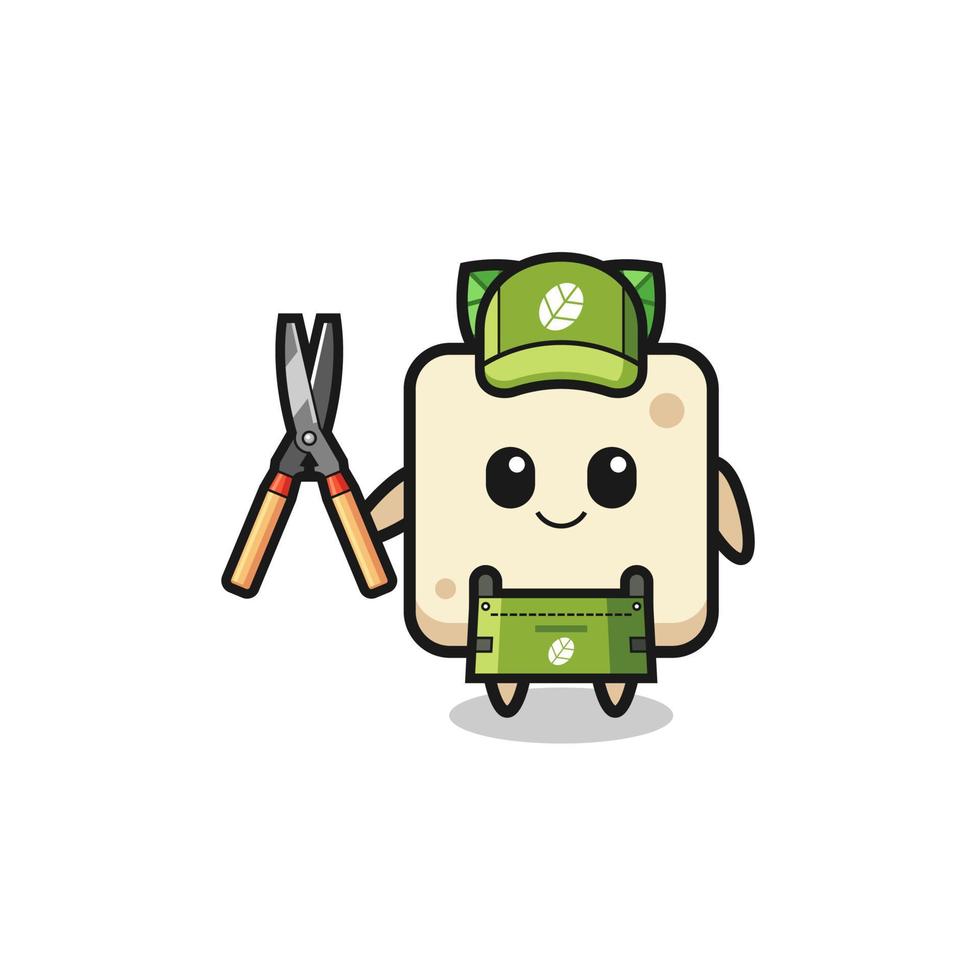 cute tofu as gardener mascot vector