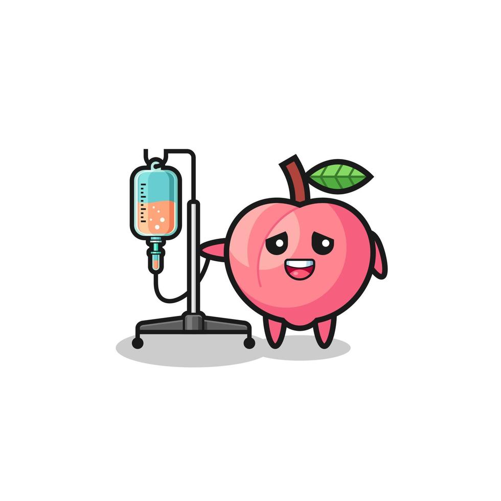 lindo personaje de durazno de pie con poste de infusión vector