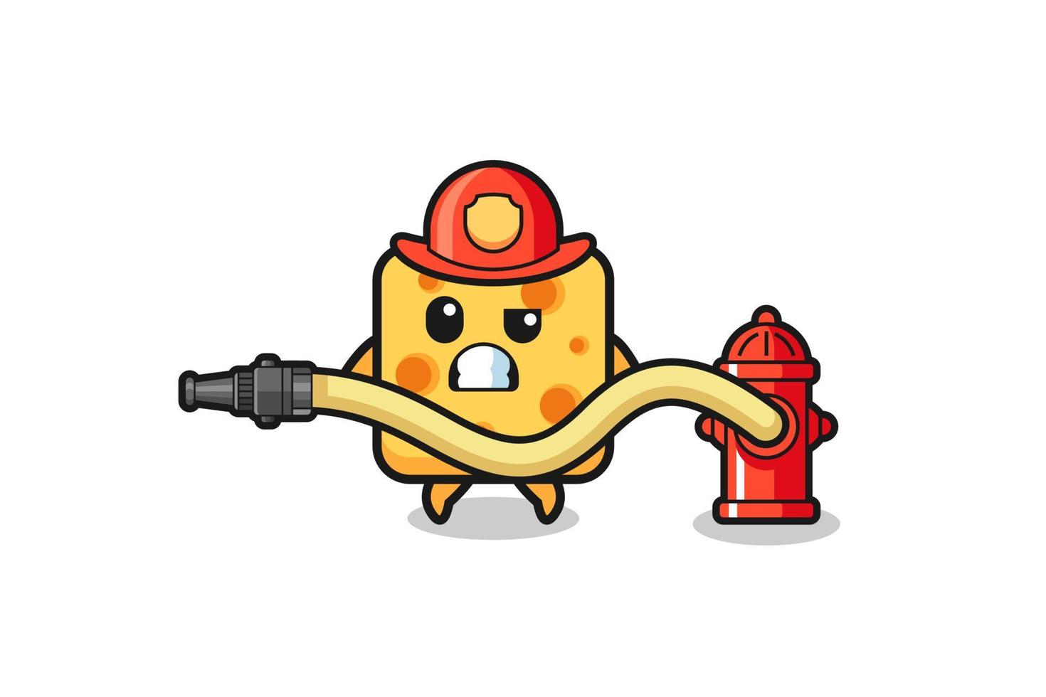 caricatura de queso como mascota bombero con manguera de agua vector