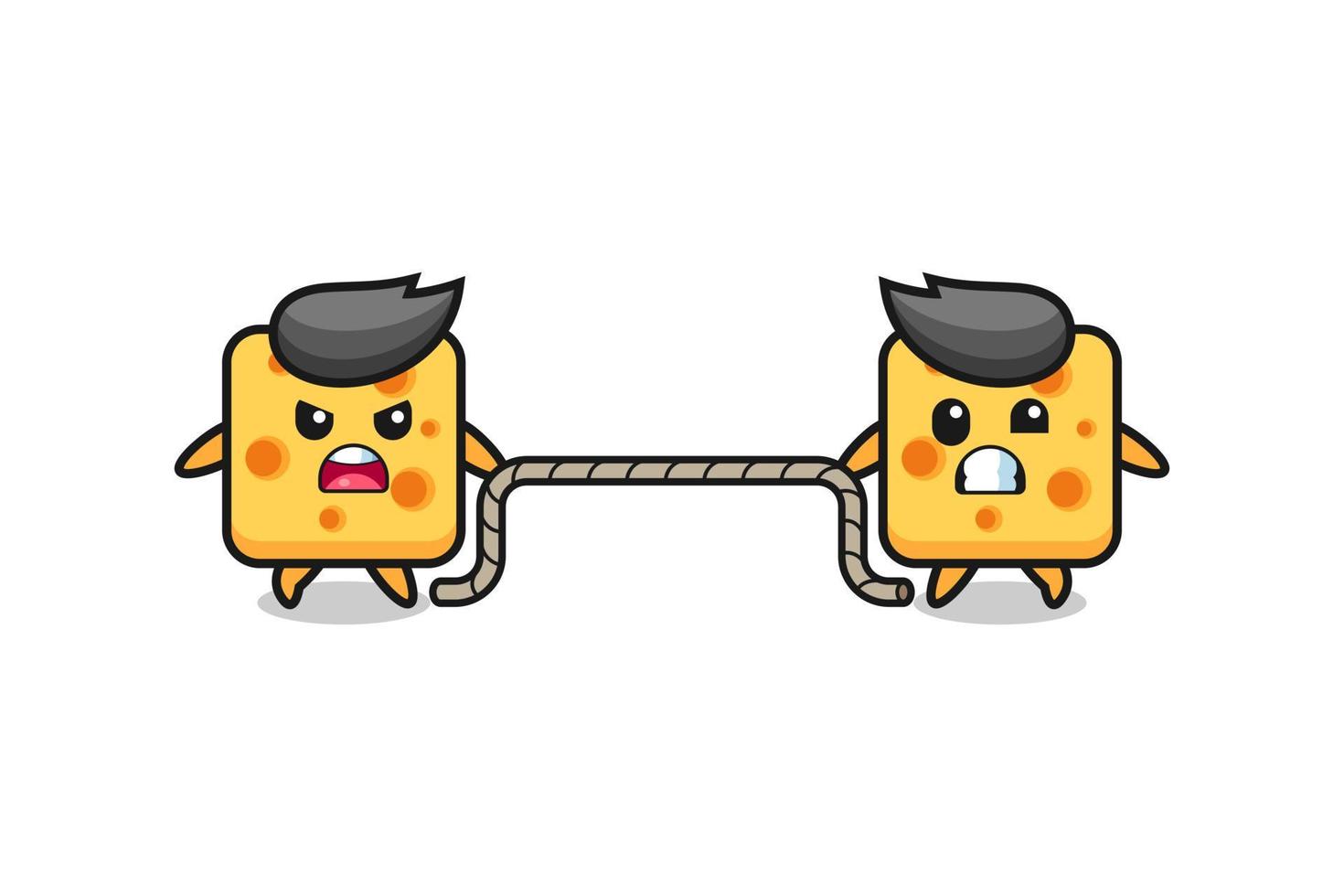 cute cheese character is playing tug of war game vector