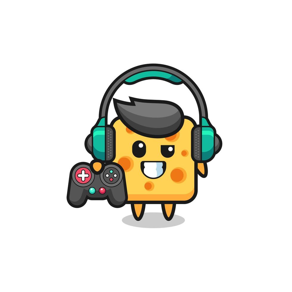 Mascota de jugador de queso sosteniendo un controlador de juego vector
