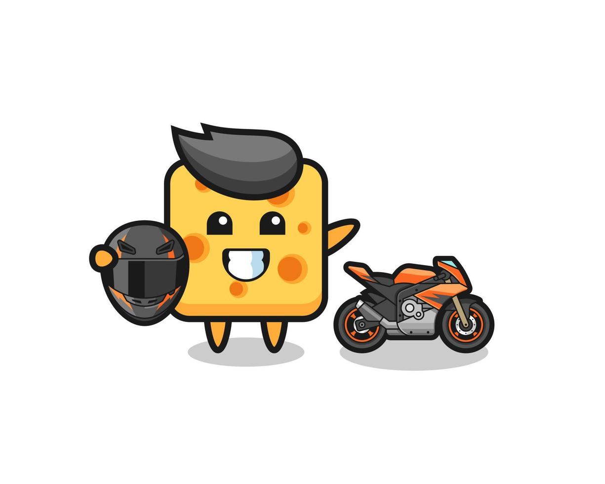 linda caricatura de queso como piloto de motos vector