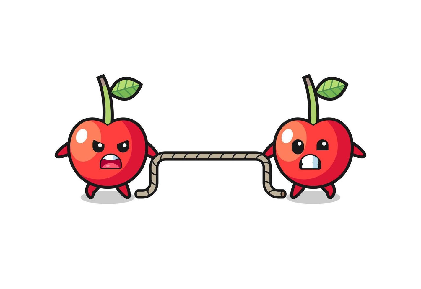 cute cherry character is playing tug of war game vector