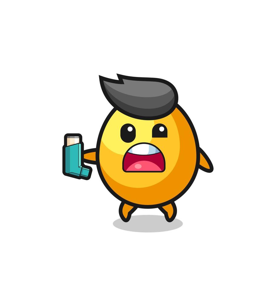 golden egg mascot having asthma while holding the inhaler vector