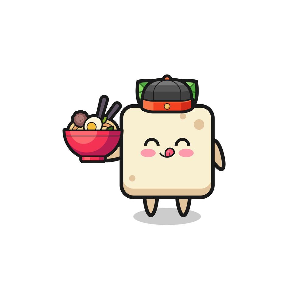 tofu as Chinese chef mascot holding a noodle bowl vector