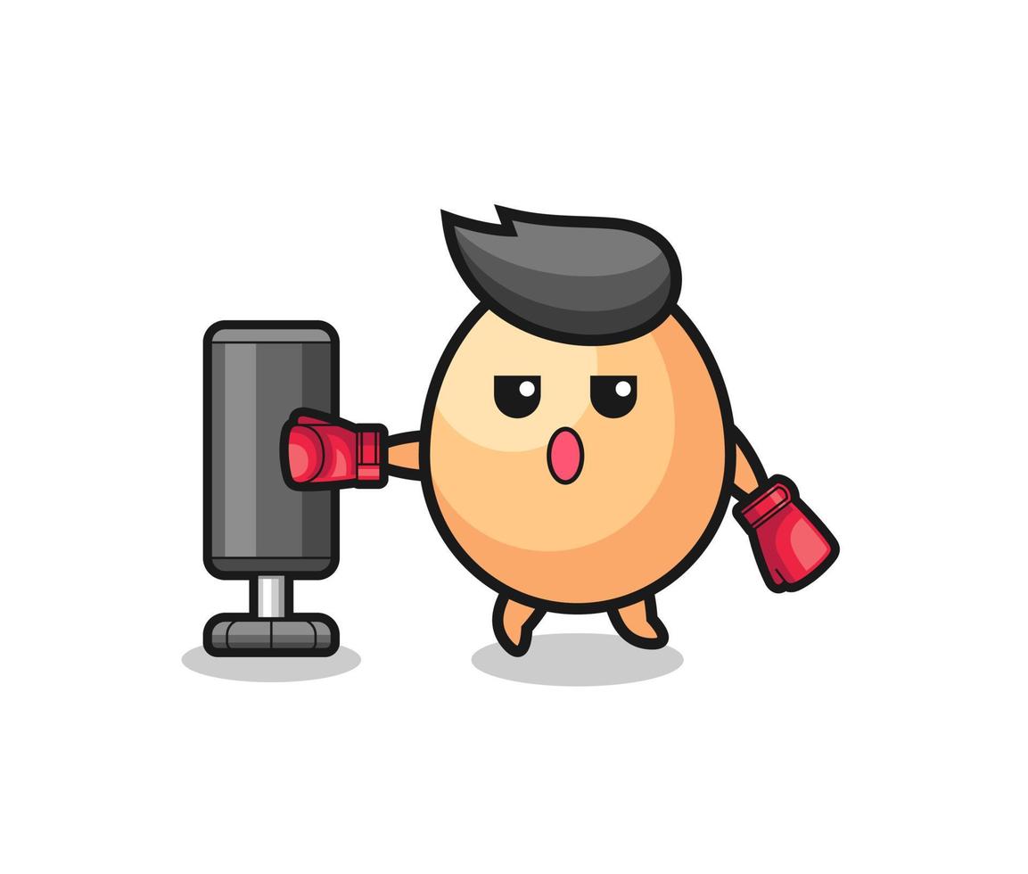 egg boxer cartoon doing training with punching bag vector