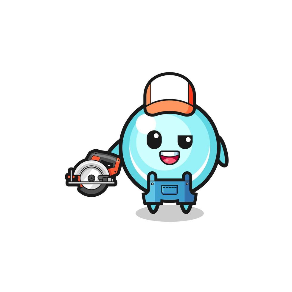 the woodworker bubble mascot holding a circular saw vector