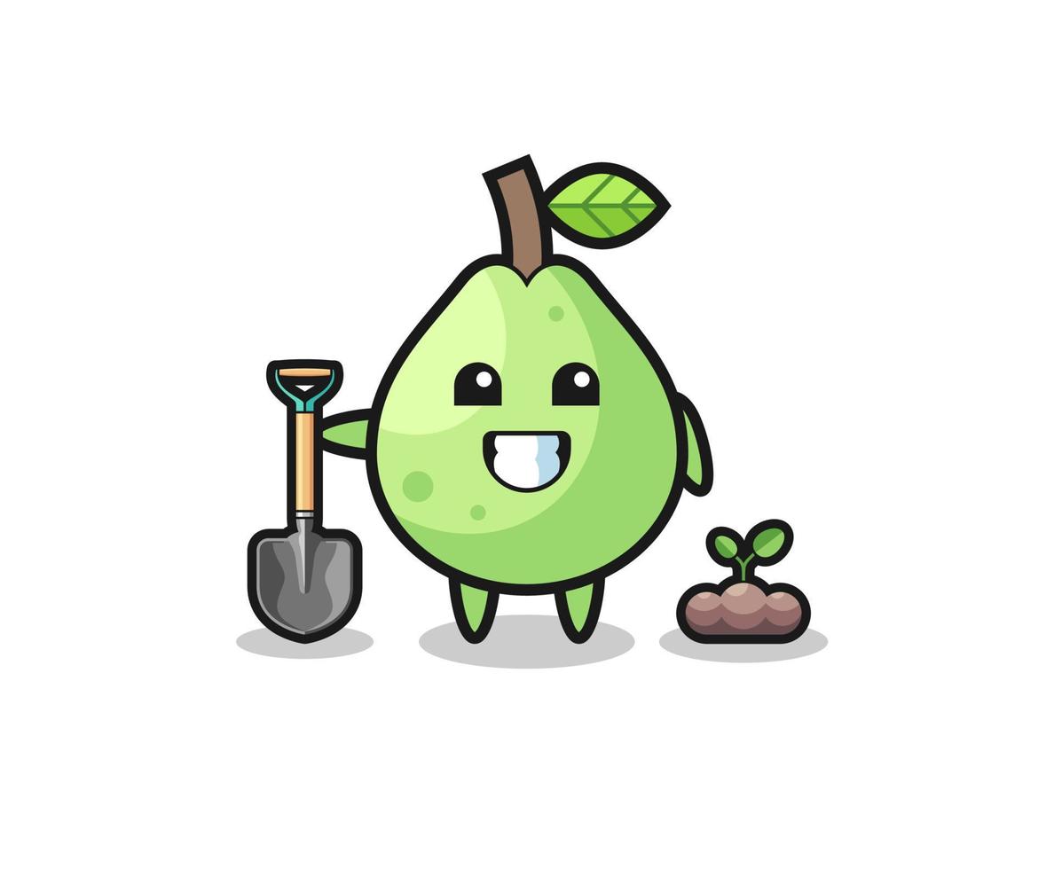 cute guava cartoon is planting a tree seed vector