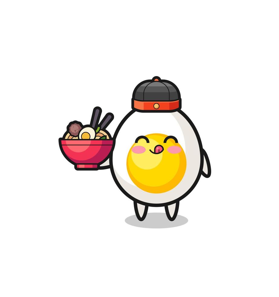 boiled egg as Chinese chef mascot holding a noodle bowl vector