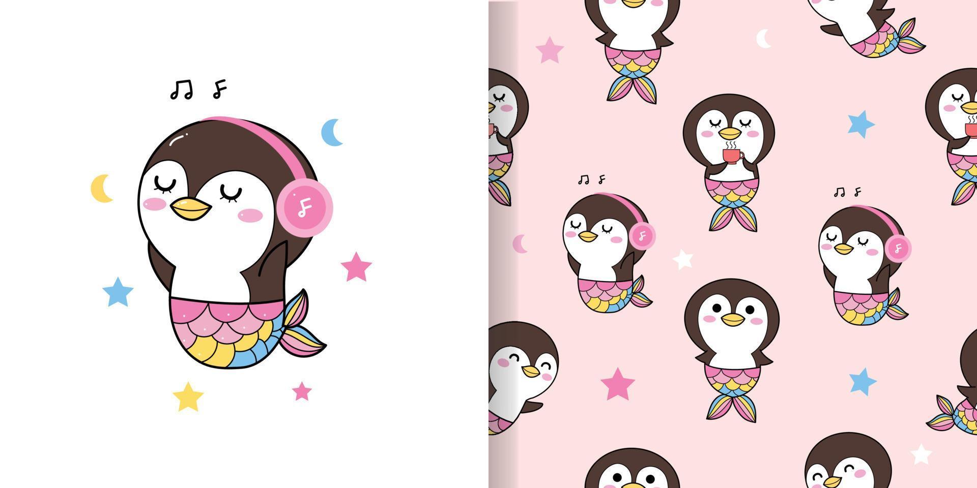 Patrón de dibujos animados lindo pingüino sirena transparente sobre fondo rosa con tiempo de relajación. tomando café, escuchando música y feliz. vector
