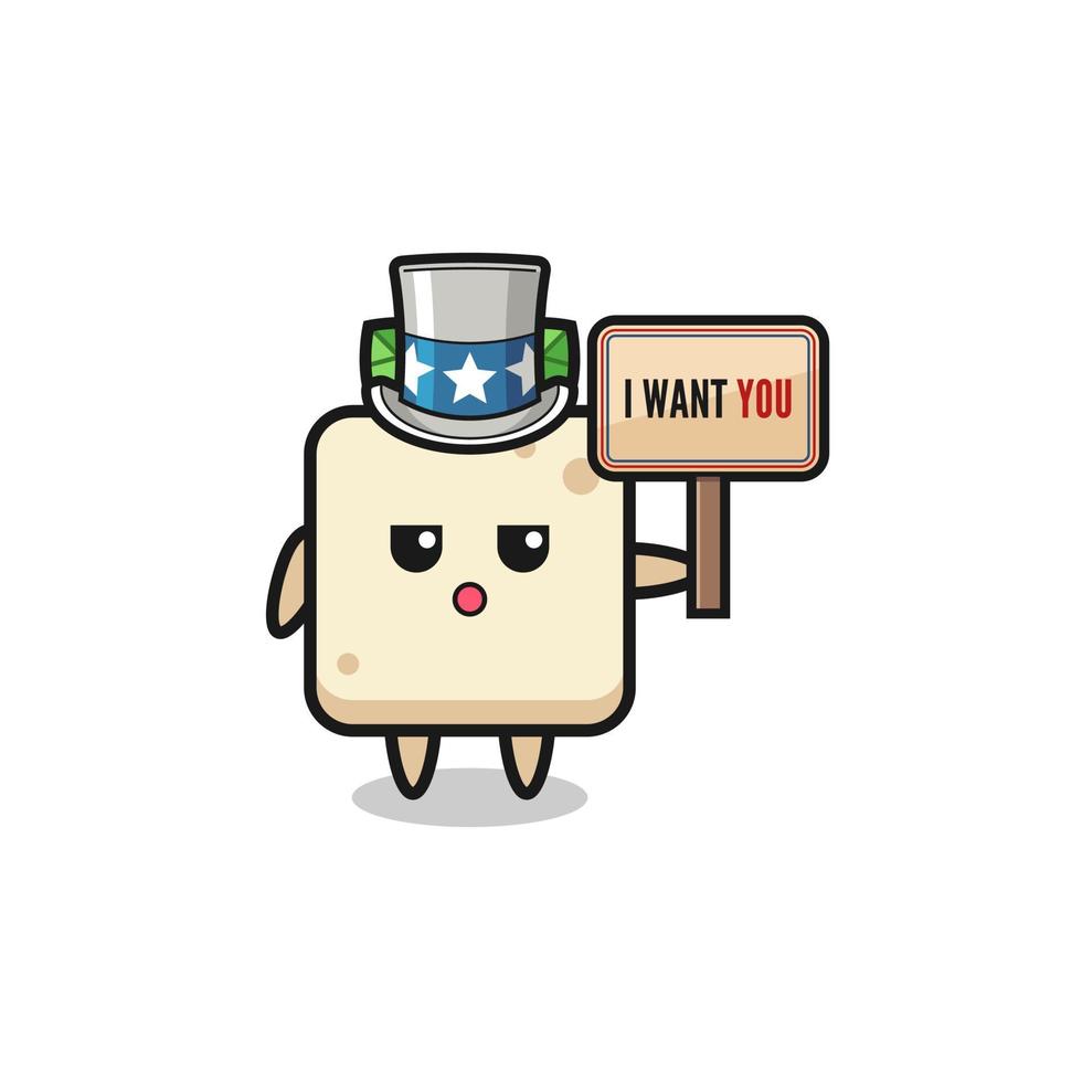 tofu cartoon as uncle Sam holding the banner I want you vector
