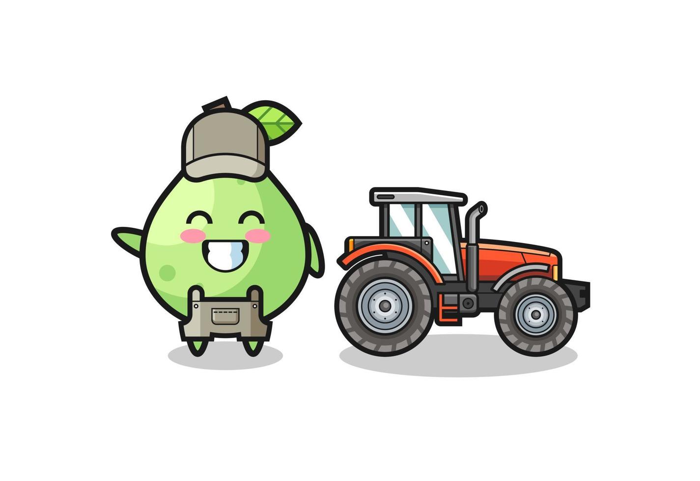 the guava farmer mascot standing beside a tractor vector