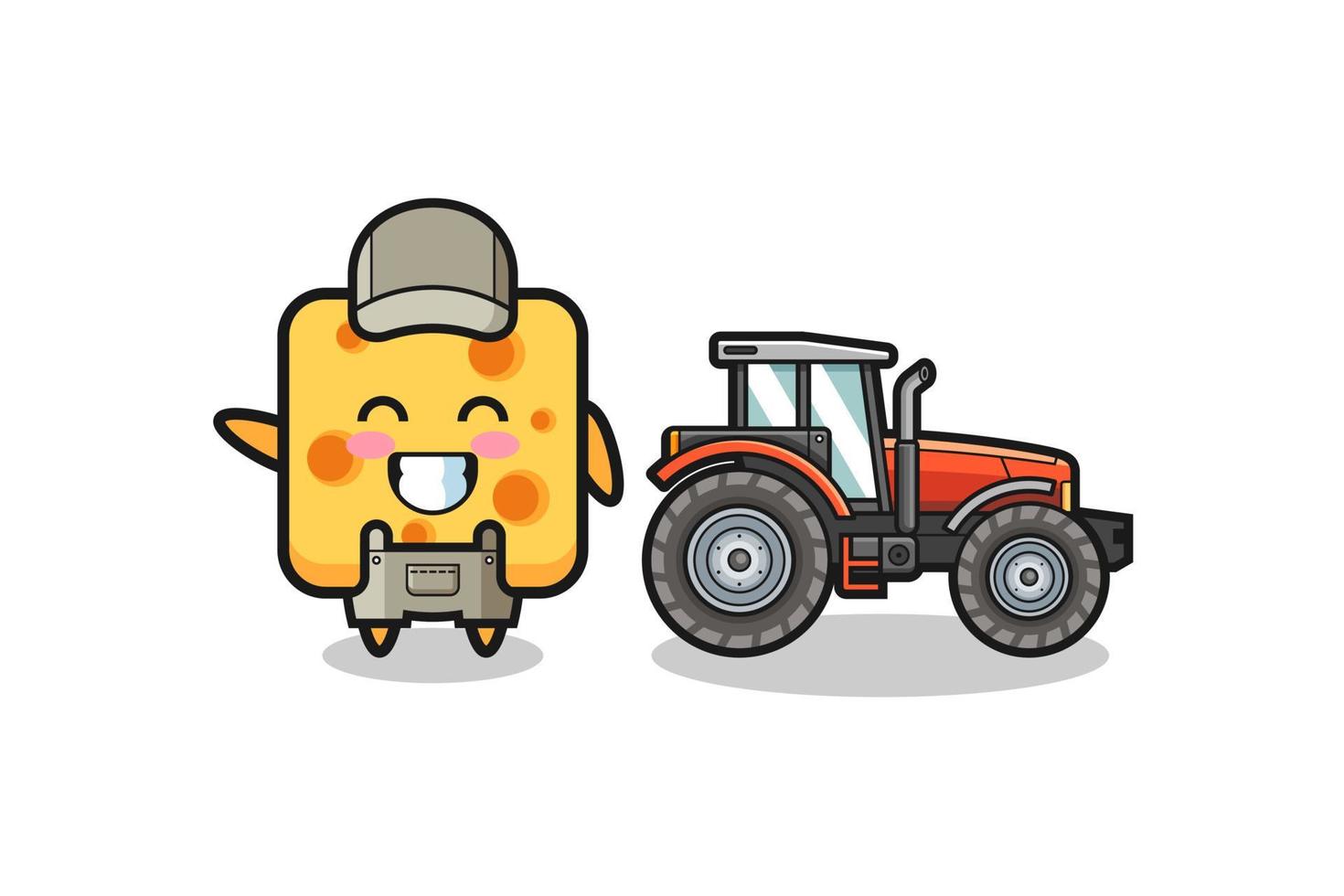 the cheese farmer mascot standing beside a tractor vector