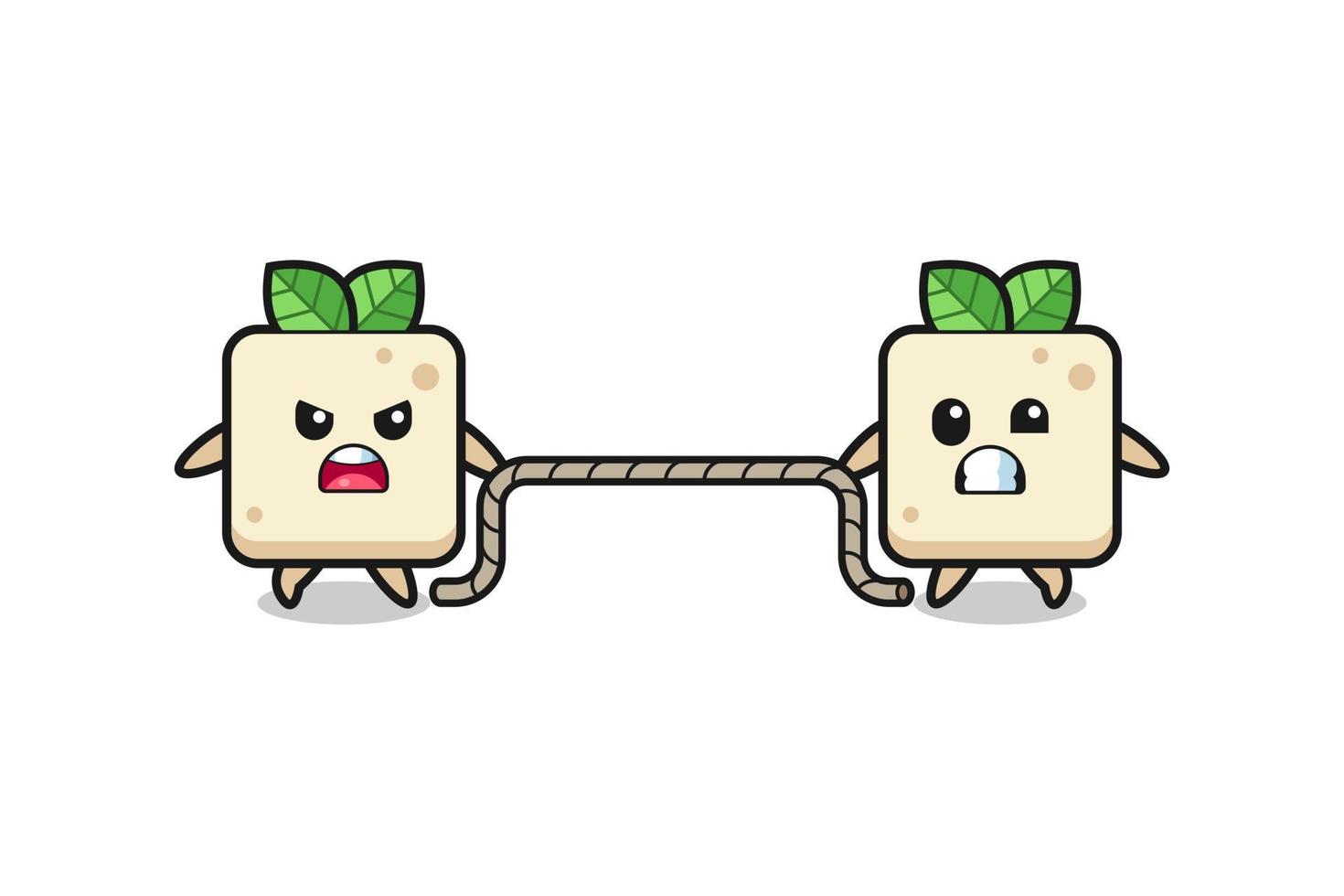 cute tofu character is playing tug of war game vector