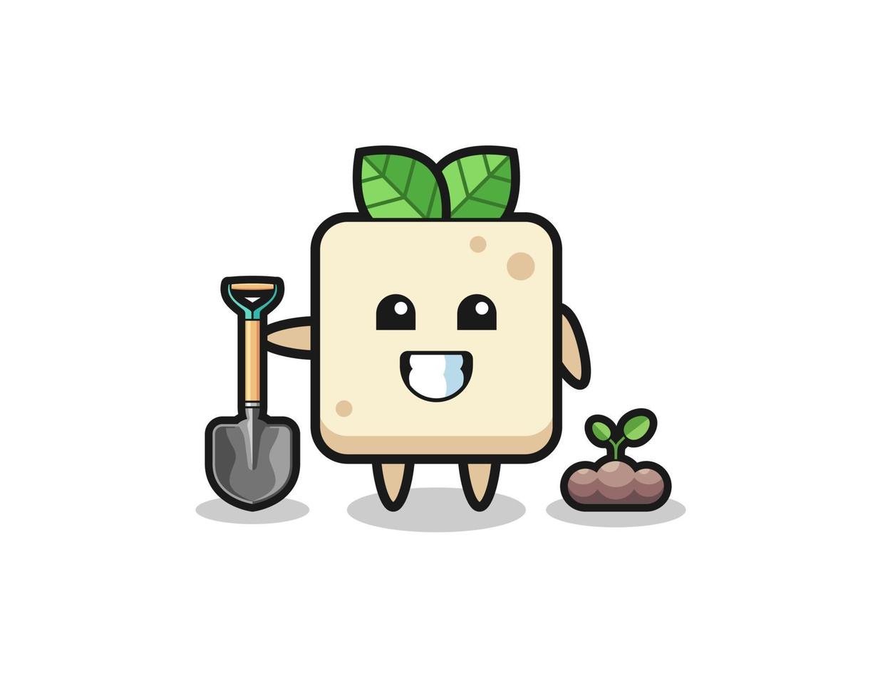 cute tofu cartoon is planting a tree seed vector