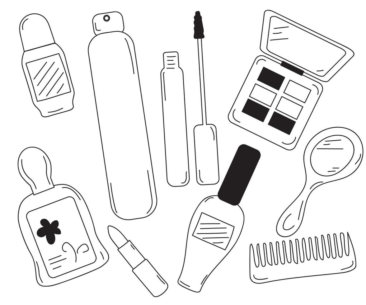 a set of women's cosmetics in the doodle style vector