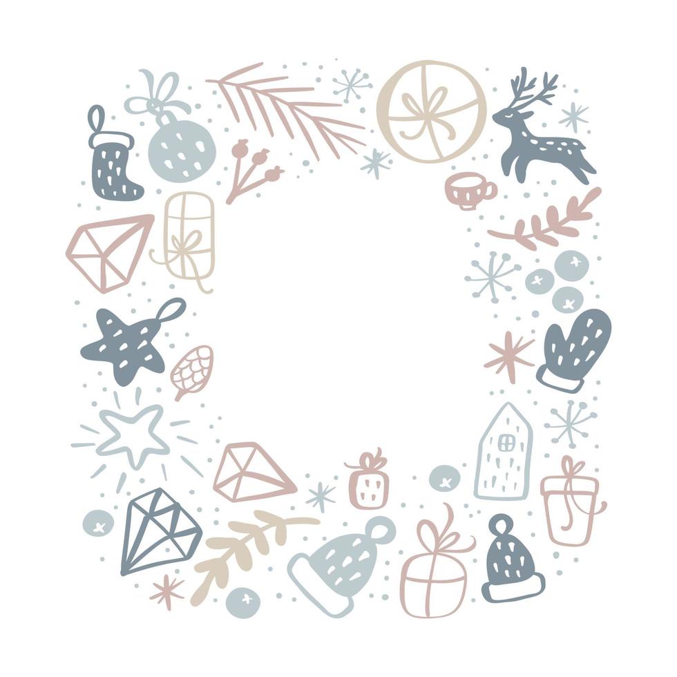 marco cuadrado de Navidad de elementos escandinavos del doodle de Navidad con lugar para el texto. vector de vacaciones frontera corona tarjeta de felicitación para vacaciones de invierno feliz navidad y próspero año nuevo