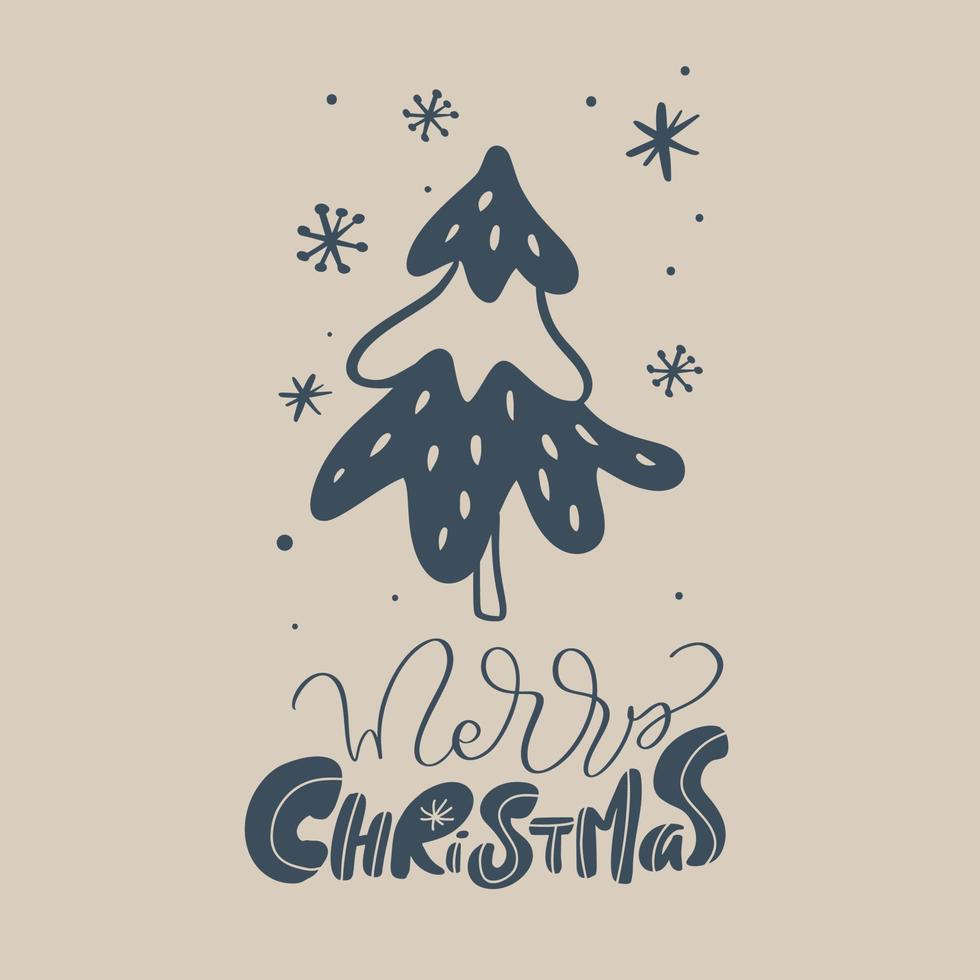 Merry Christmas vector monoline calligraphic lettering text and xmas doodle scandinavian elements. Greeting card for winter holiday xmas and Happy New Year