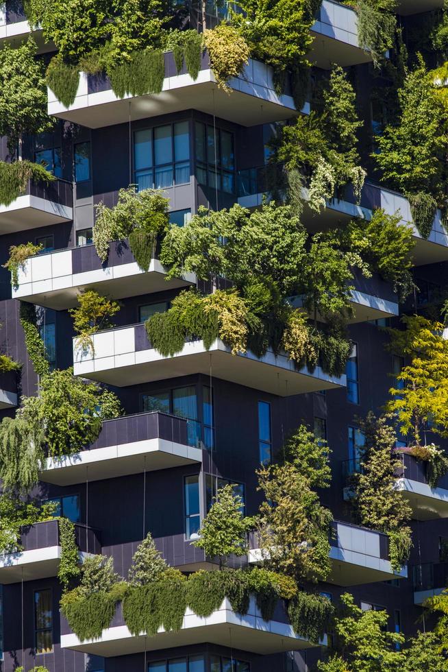 MILAN, ITALY, APRIL 28, 2017 - Detail of the Bosco Verticale in Milan, Italy. It is a pair of residential towers in the Porta Nuova district of Milan that host more than 900 trees. photo