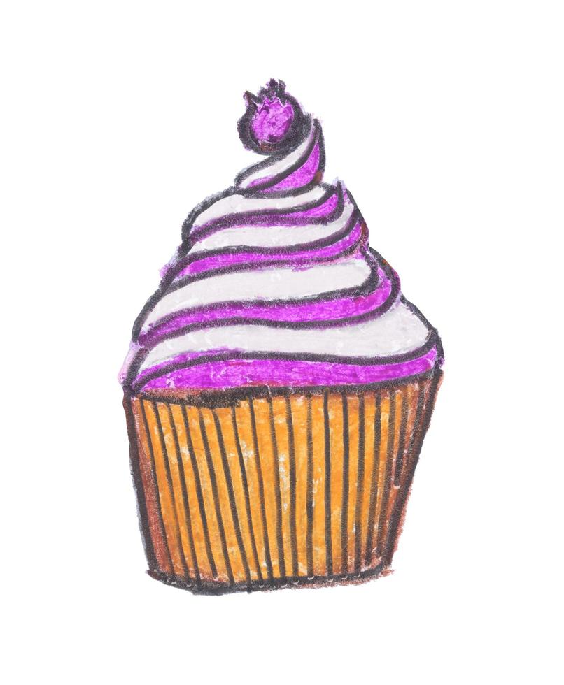 Cupcake drawing with crayon on white background photo