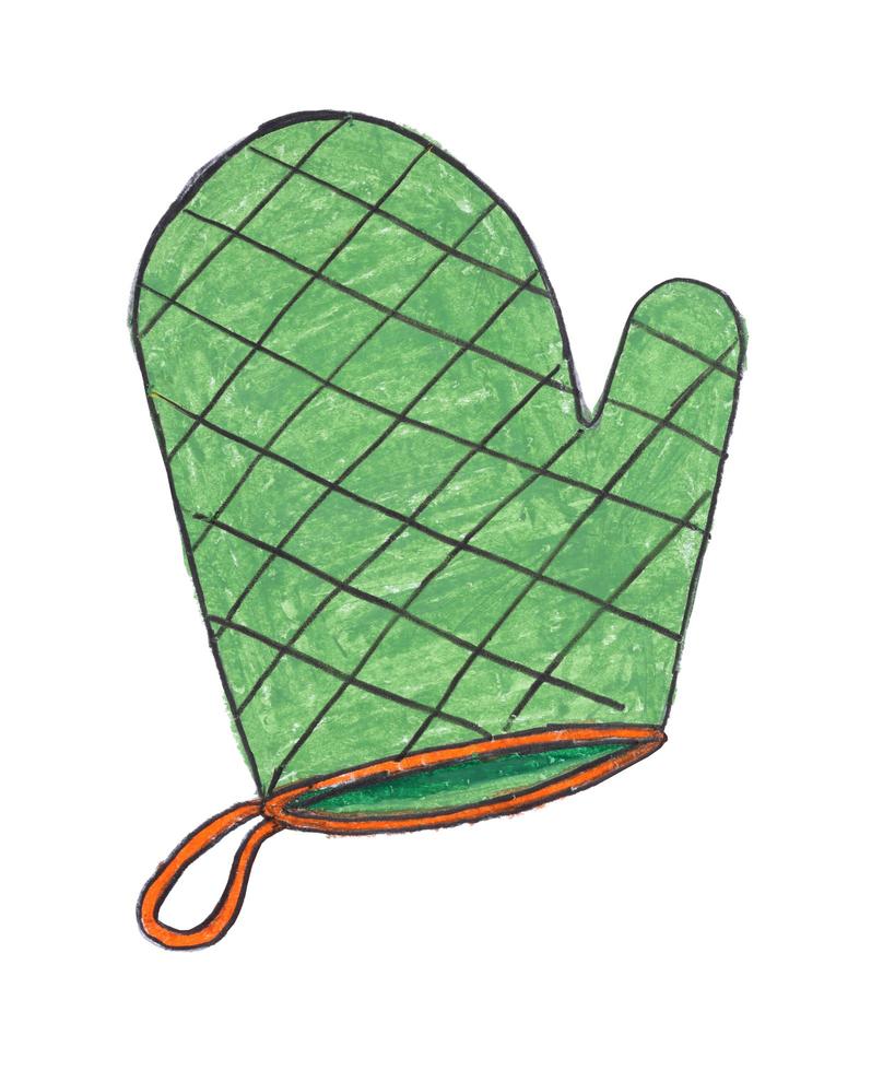 green oven glove drawing with crayon on white paper photo