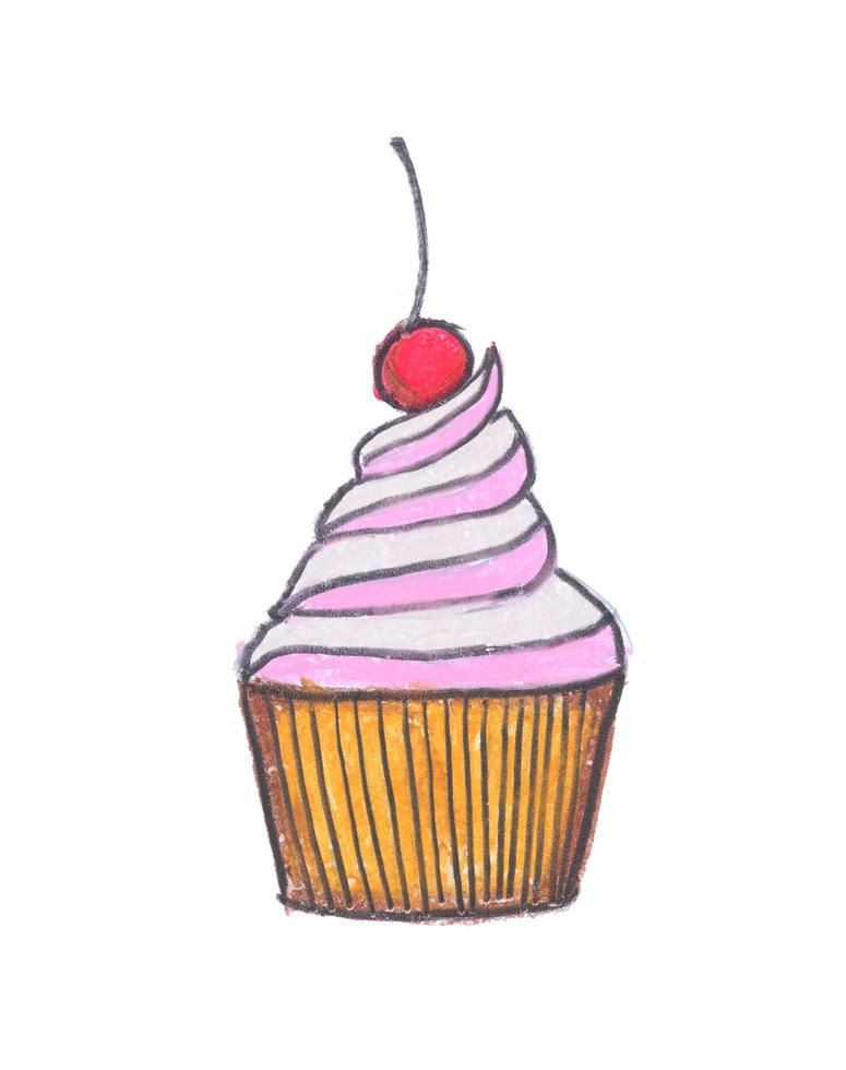 Cupcake drawing with crayon on white background photo