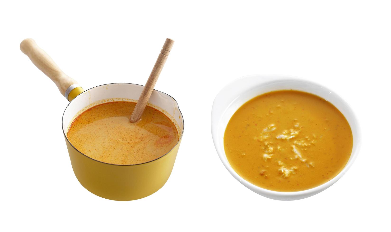 group of red curry in enamel pot and cup on white background photo