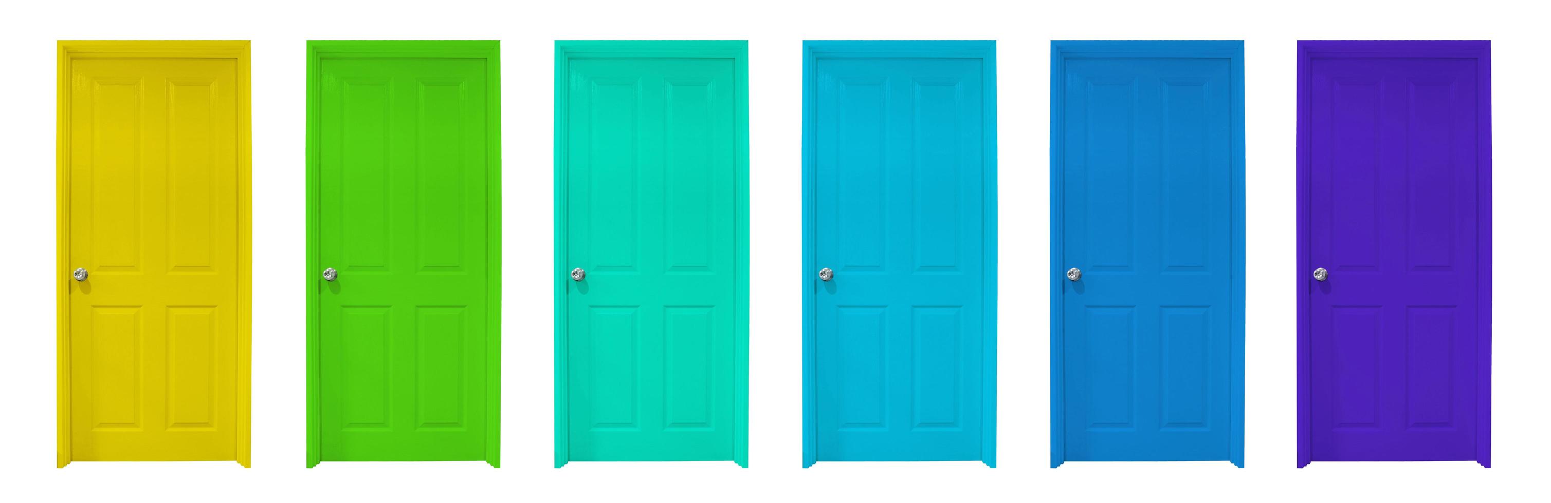 Group of wooden doors on white background photo