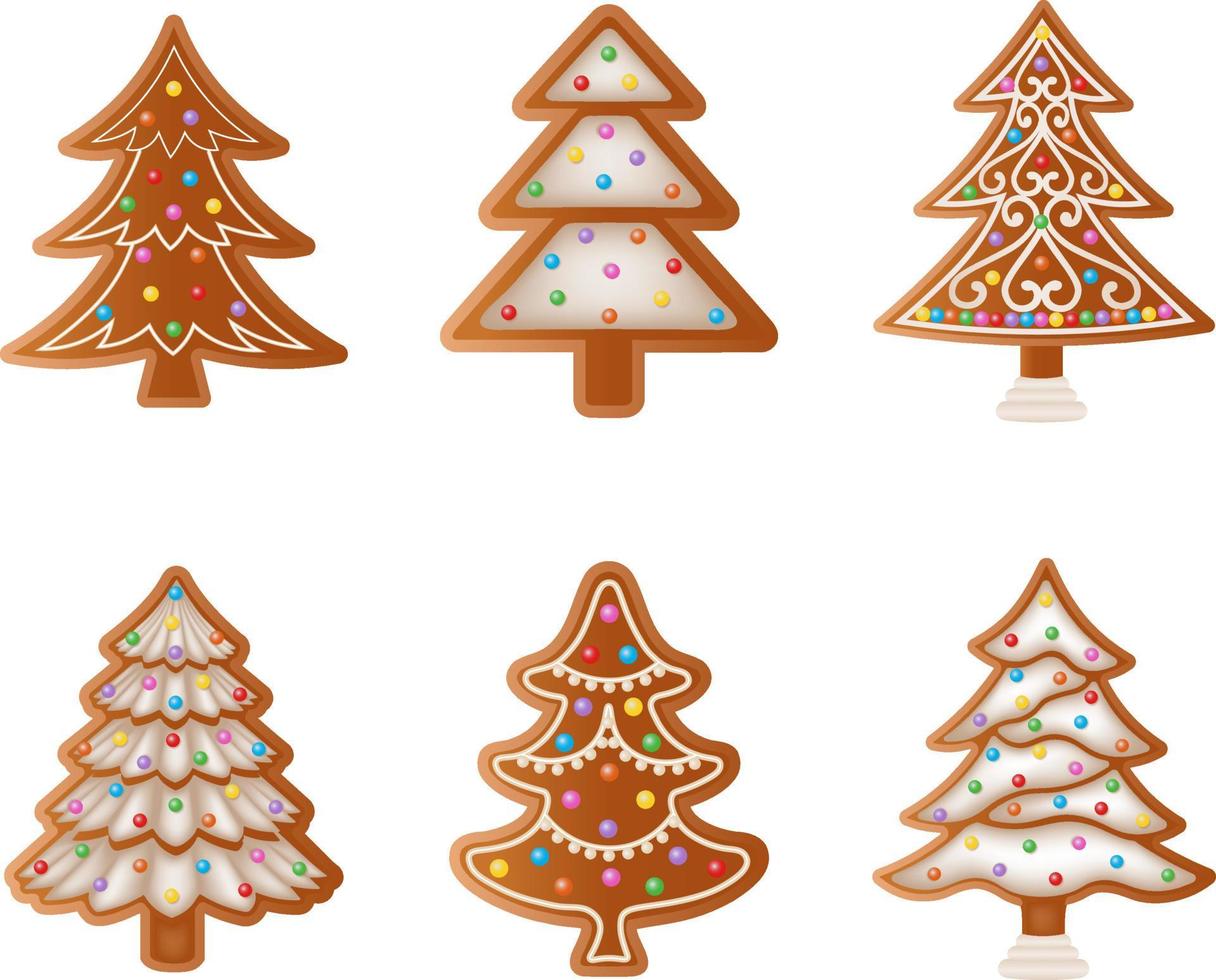 Conjunto de galletas de jengibre aisladas en forma de árbol de Navidad vector