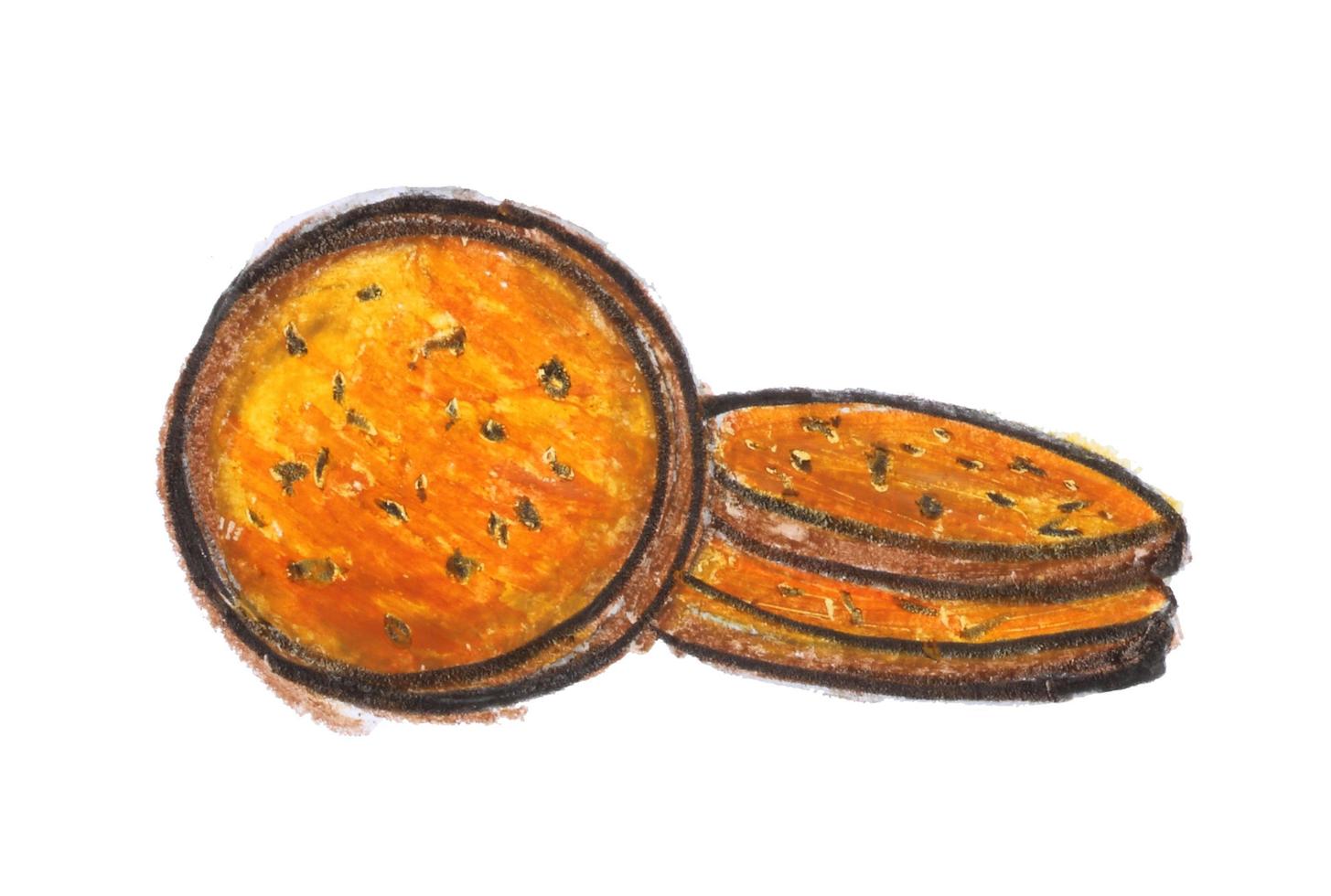 Chocolate chip cookies drawing with crayon on white paper photo