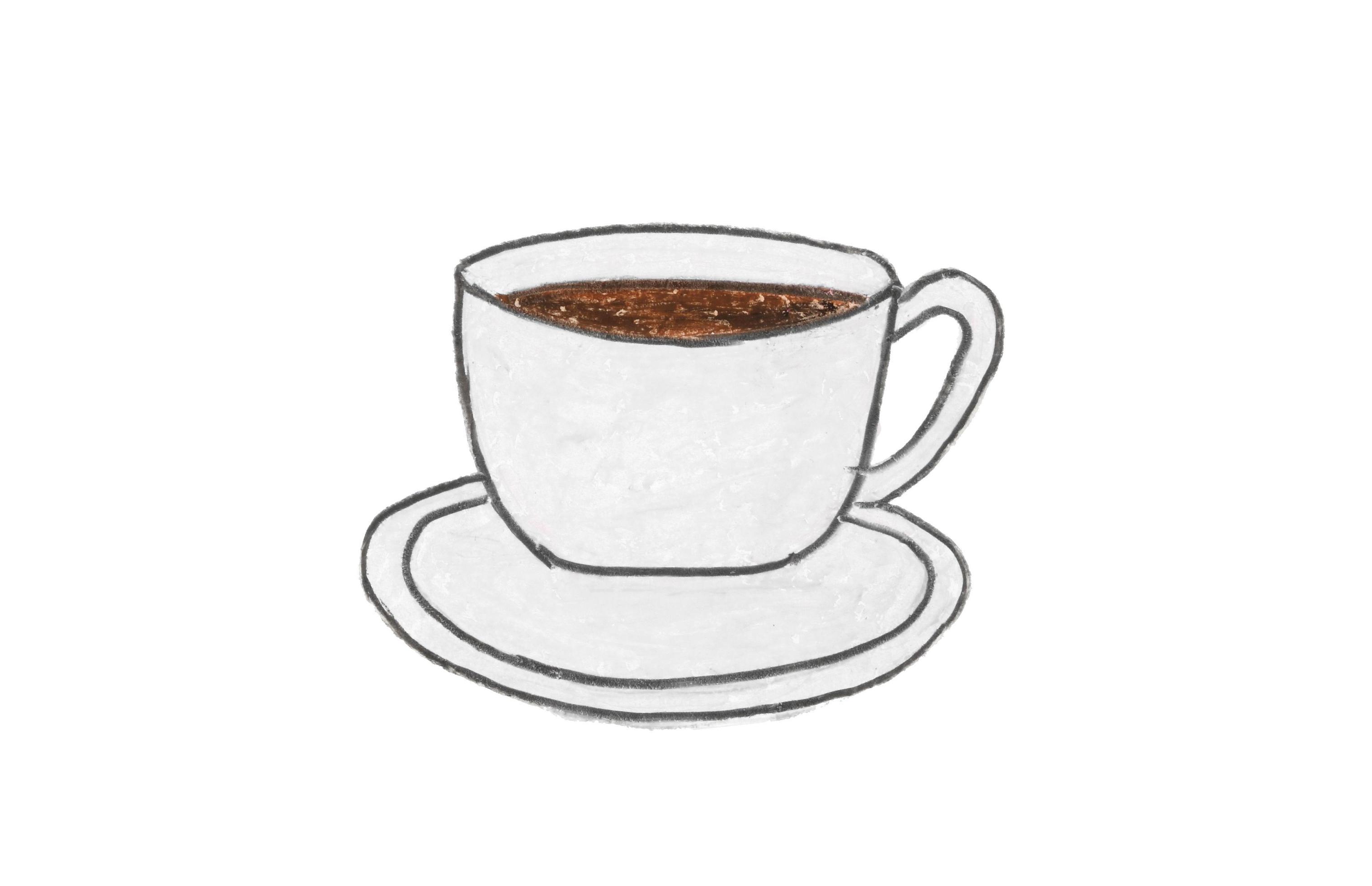 Hot Coffee or hot chocolate in cup drawing with crayon on white paper