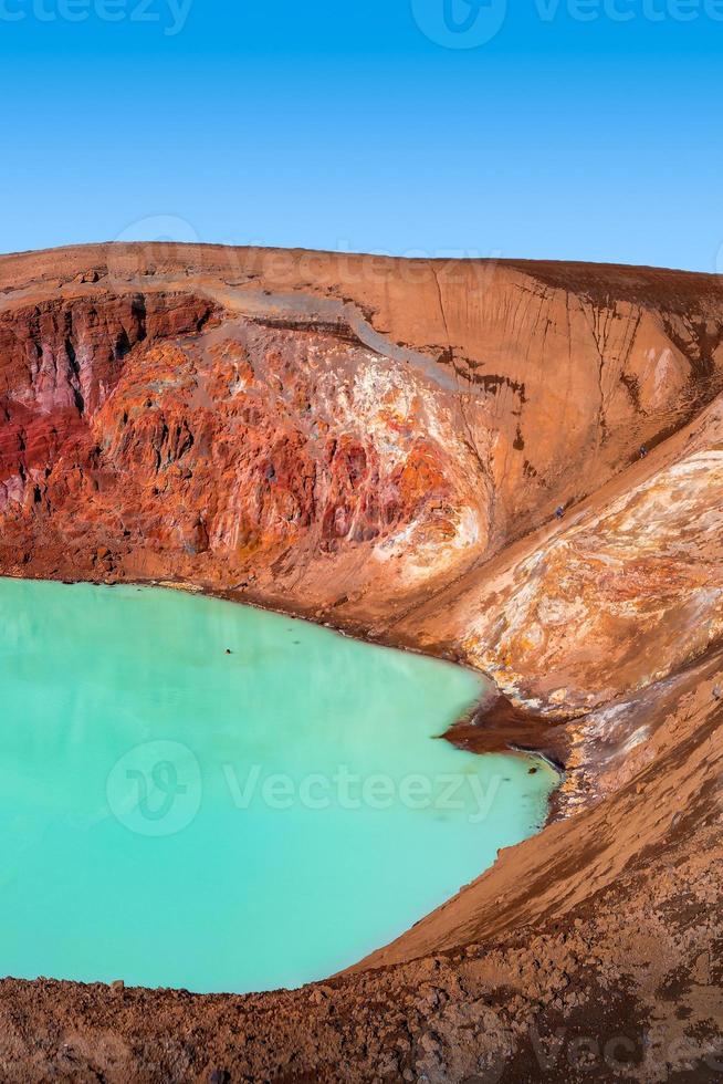 paisaje islandés de la colorida caldera volcánica askja, lago del cráter viti en medio del desierto volcánico en las tierras altas, con suelo volcánico rojo y turquesa y ruta de senderismo, islandia foto