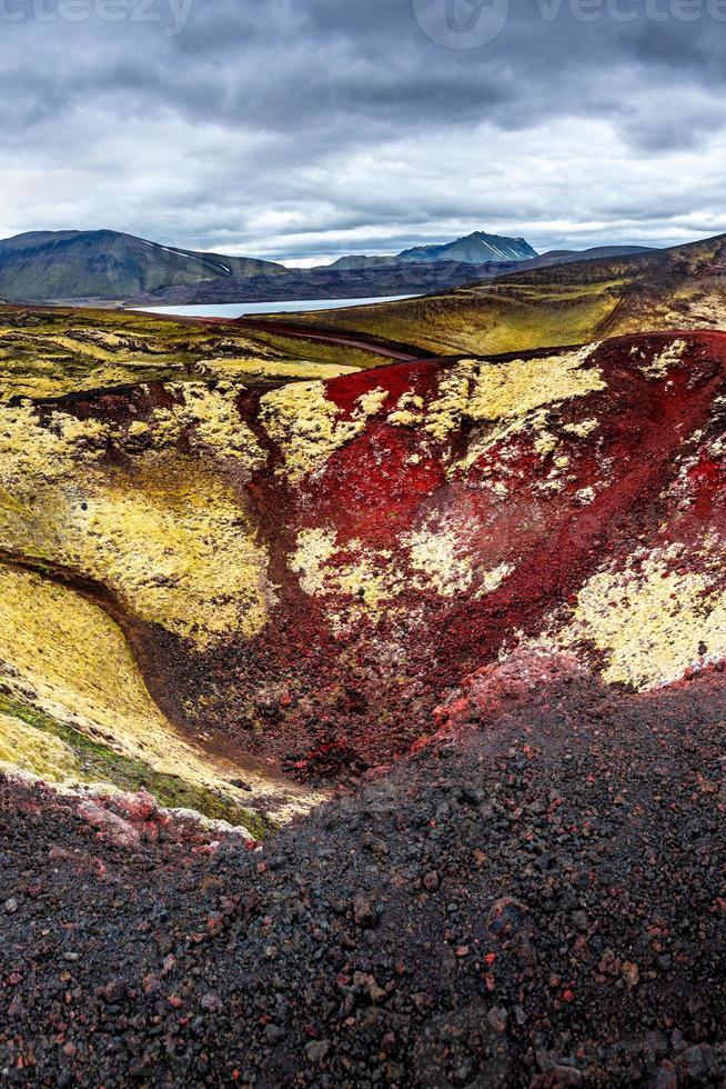 Landscape view of colorful rainbow volcanic Landmannalaugar mountains and famous Laugavegur hiking trail, with dramatic sky and snow in Iceland, summer photo