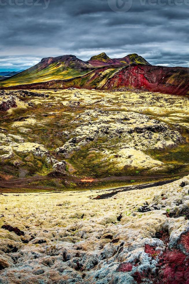 Landscape view of colorful rainbow volcanic Landmannalaugar mountains and famous Laugavegur hiking trail, with dramatic sky and snow in Iceland, summer photo