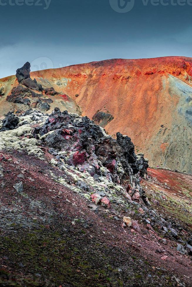 Landscape view of colorful rainbow volcanic Landmannalaugar mountains and famous Laugavegur hiking trail, with dramatic sky and snow in Iceland, summer photo