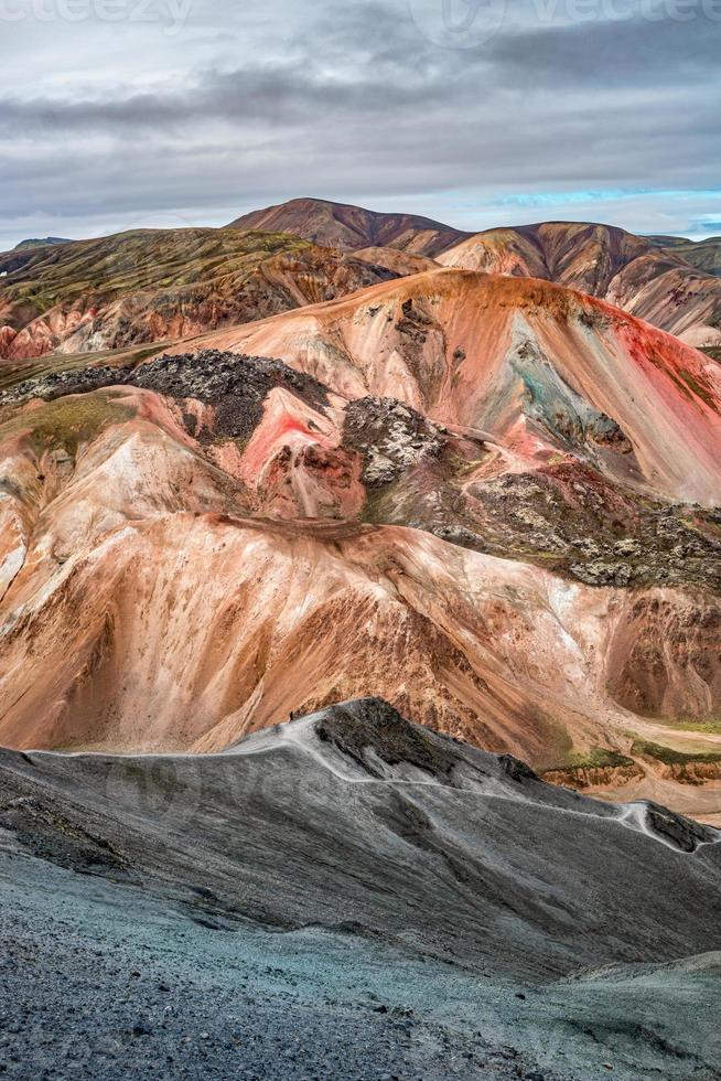 BeautifulIcelandic landscape of colorful rainbow volcanic Landmannalaugar mountains, at famous Laugavegur hiking trail with dramatic snowy sky, and red volcano soil in Iceland. photo