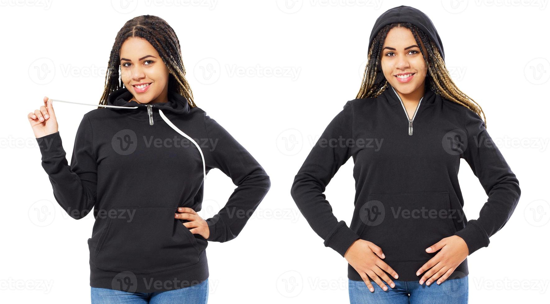 Woman in black hoodie hoody set front view, hoody mockup isolated on white background. Girl puts on a hood photo