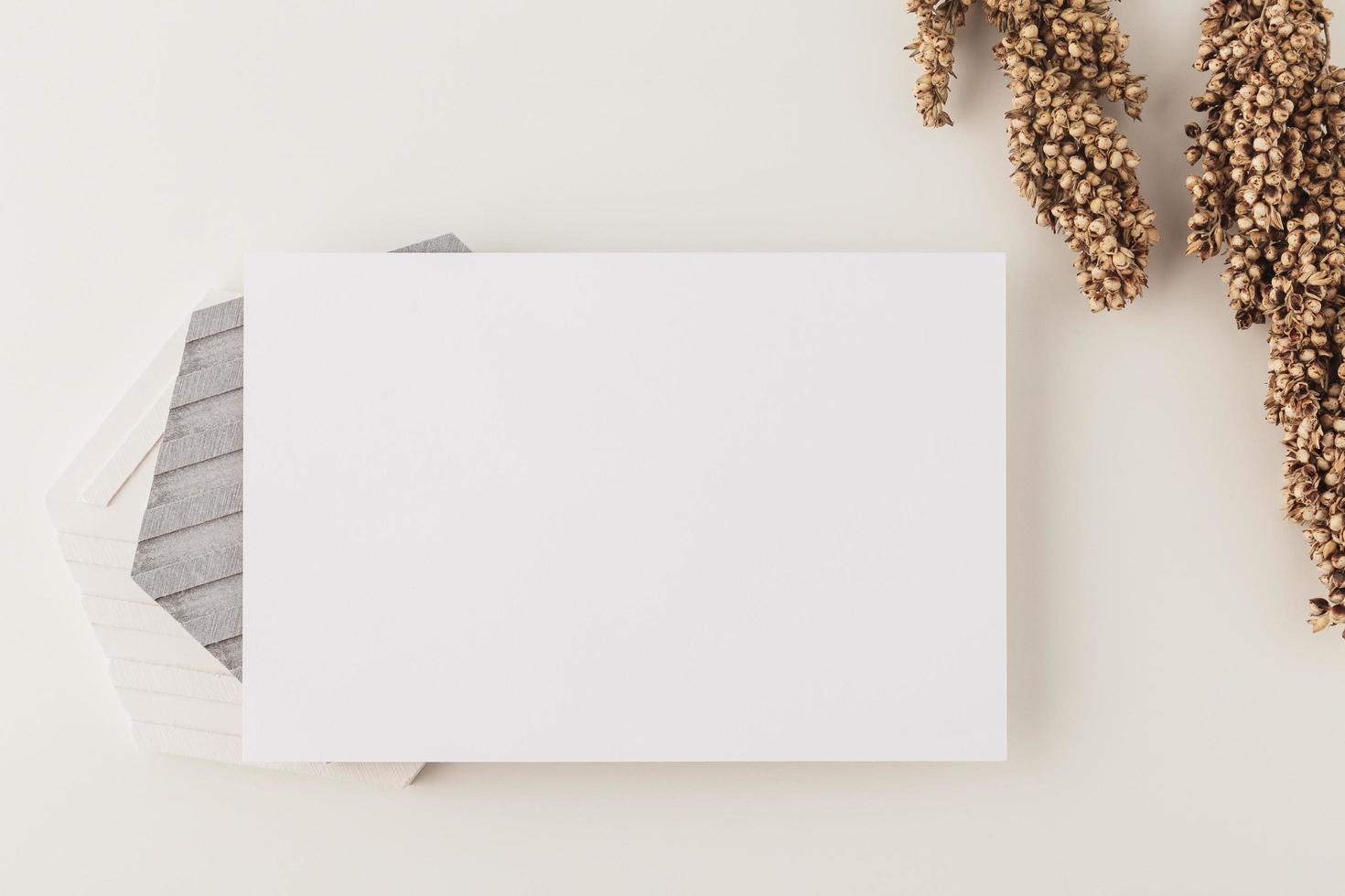 Invitation card mockup, blank greeting card template. Flat lay, Minimalist style photo