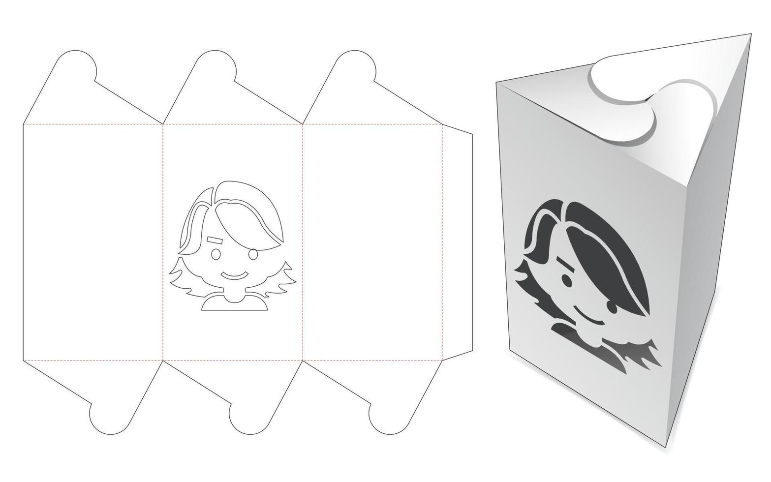 Swirl triangle box with cute girl character cartoon window die cut template vector