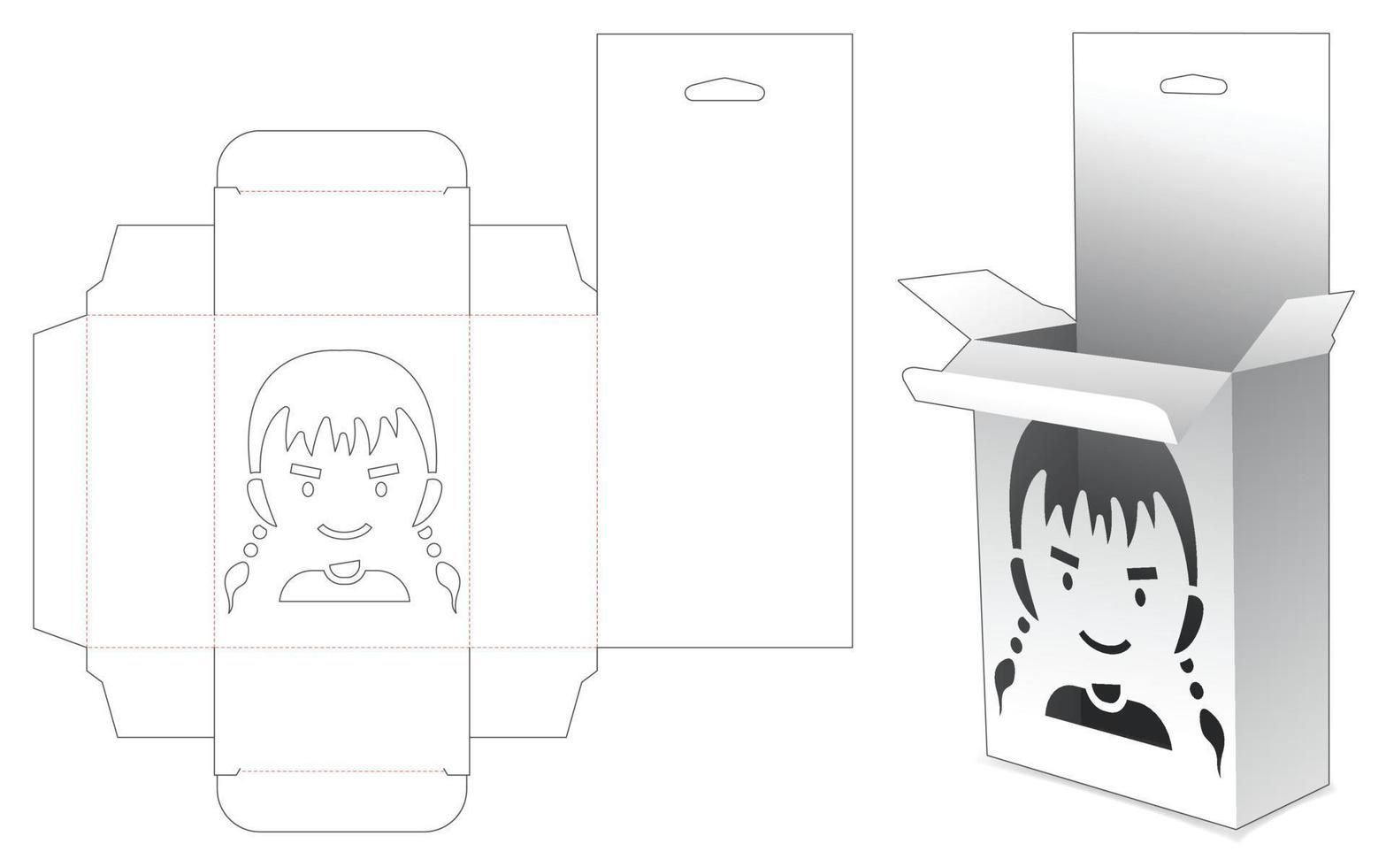 Hanging packaging box with girl character cartoon window die cut template vector