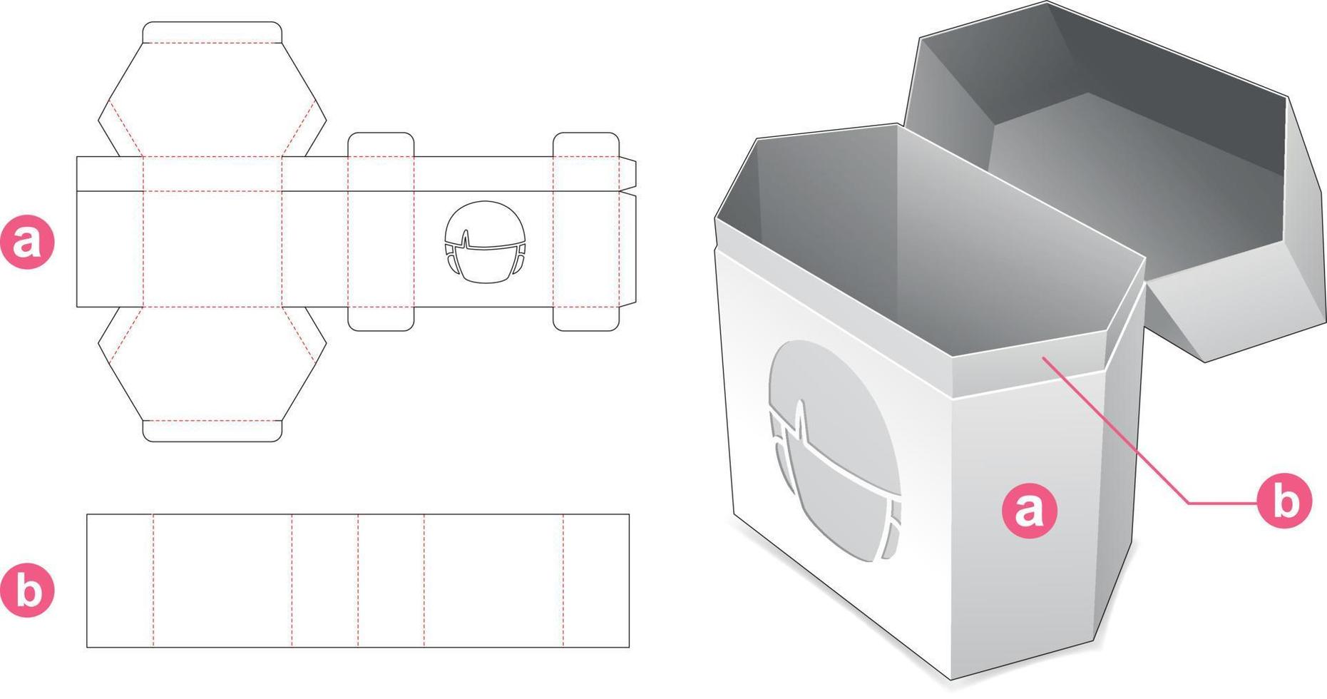 Flip hexagonal packaging with character cartoon window die cut template vector