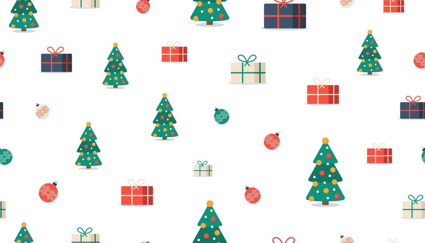 Christmas seamless pattern. Tree, gift box, ball on white background. Christmas seamless pattern with xmas decoration and Merry Christmas. Happy New Year multicolored background. Vector template