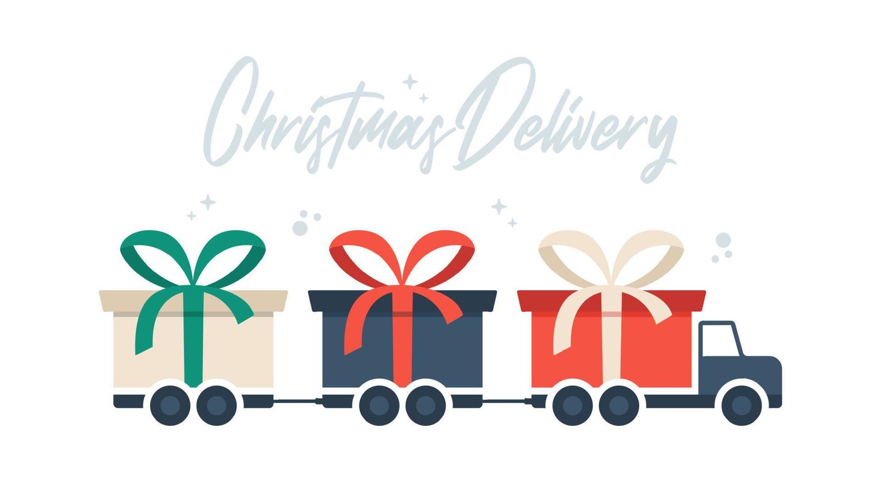 Christmas Delivery long truck with gift box. Free shipping vector illustration. Isolated delivery van with red bow. Gift box on truck.Flat vector illustration with copy space