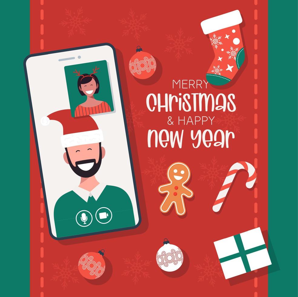 Online Christmas celebration concept. People video calling and sharing