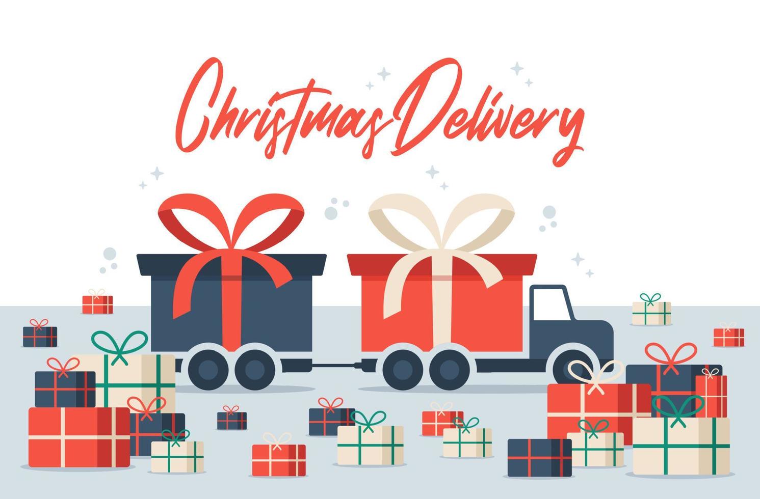 Camión largo de entrega de Navidad con caja de regalo. Ilustración de vector de envío gratis. furgoneta de reparto aislada con lazo rojo. caja de regalo en camión ilustración vectorial plana con espacio de copia