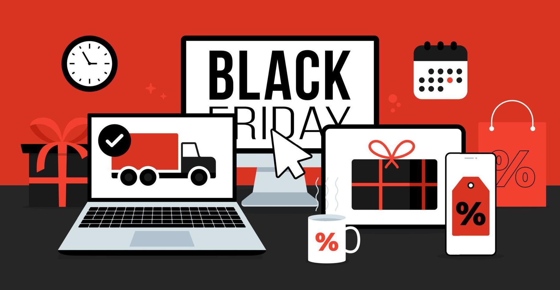 Black friday online sale vector illustration. Modern flat design concept with desktop computer, phone, laptop and tablet and flat elements. Online shopping