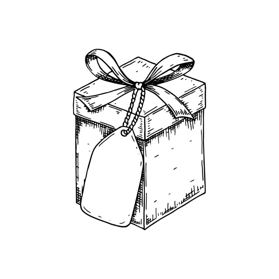 caja de regalo de lujo dibujada a mano con un lazo y una tarjeta de felicitación. ilustración vectorial en un estilo de dibujo aislado sobre fondo blanco. lugar para el texto vector