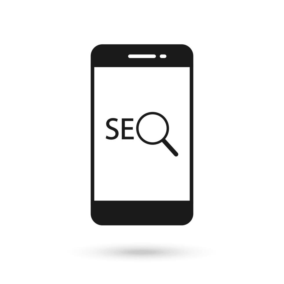 Mobile phone flat design icon with SEO, search engine optimization algorithm sign. vector
